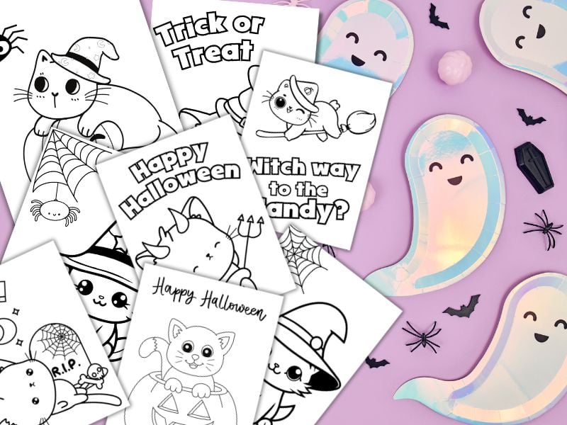 8 Cat Spooky Coloring Pages on a purple desk with halloween ghosts