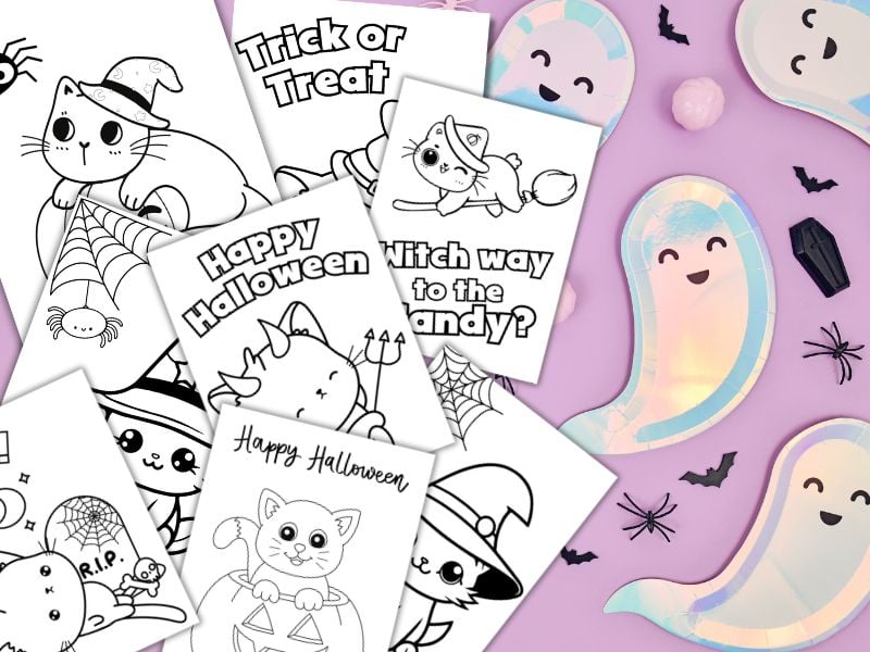 8 Cat Spooky Coloring Pages on a purple desk with halloween ghosts