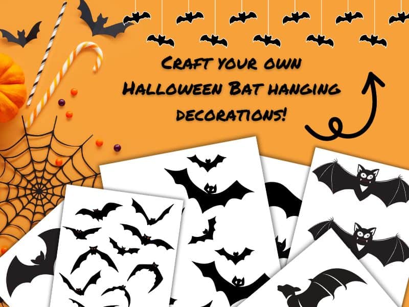 Halloween Printable Bat PDF Bundle cut out and hanging with string as decorations.