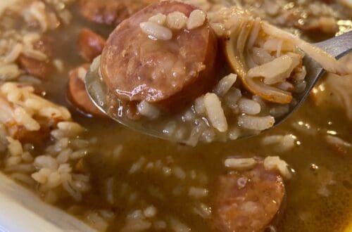Chicken and Sausage Gumbo in a white bowl