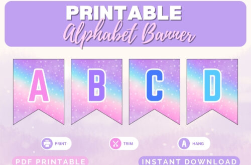 Pastel rainbow color printable alphabet banner on a desktop