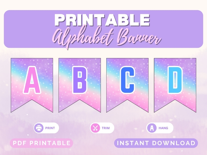 Pastel rainbow color printable alphabet banner on a desktop