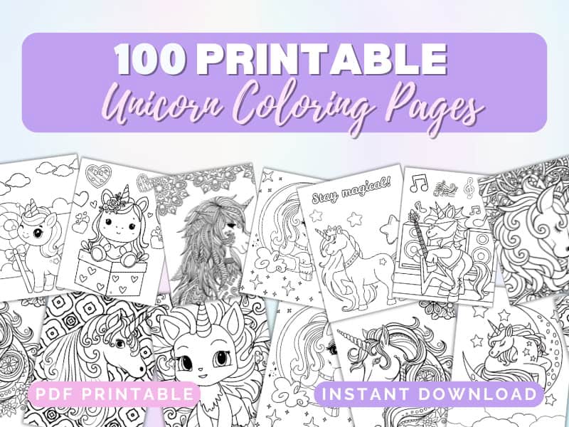 Promo Image of 100 Printable Unicorn Coloring Pages