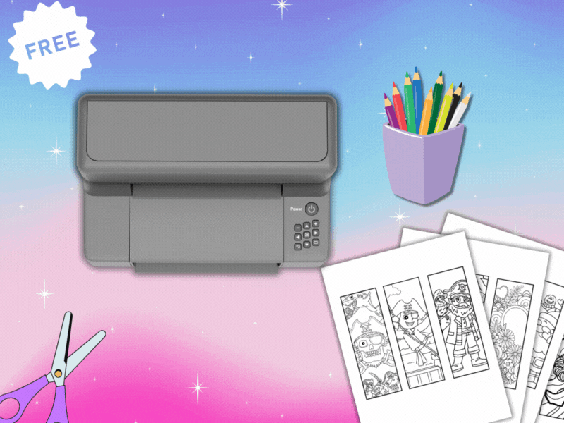 Printer printing free printable coloring bookmarks with floral and mandala designs, surrounded by colored pencils, scissors, and additional bookmark sheets on a rainbow gradient background.