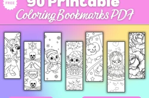Free 90 Printable Coloring Bookmarks PDF – Instant download set featuring black-and-white bookmark designs with unicorns, pirates, elves, pumpkins, flowers, and cute characters for kids and adults to color.