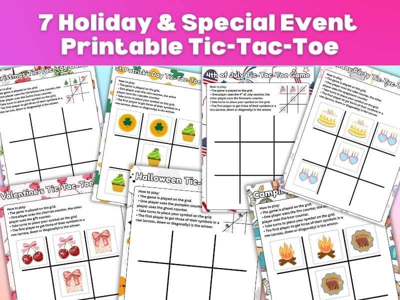 Free printable Tic-Tac-Toe games featuring holiday and special event themes like Christmas, Valentine's Day, Halloween, and more, with fun symbols and instructions for each themed game.