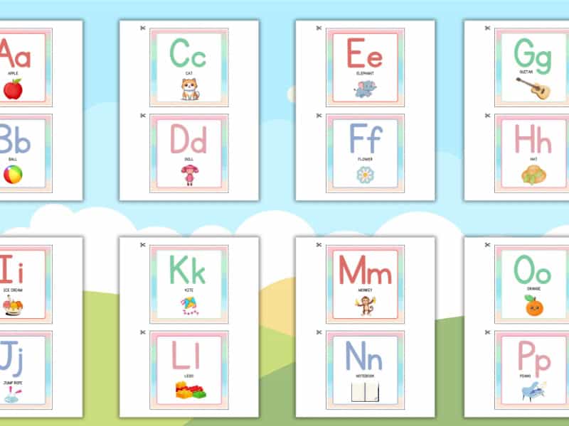 Printable alphabet flashcards A to P featuring uppercase and lowercase letters with matching illustrations like apple, cat, elephant, and guitar. Fun and colorful design for early learning.