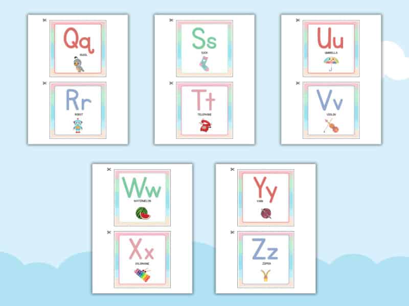 Printable alphabet flashcards Q to Z featuring uppercase and lowercase letters with fun illustrations like quail, robot, umbrella, xylophone, and zipper. Educational resource for preschool and kindergarten learning.