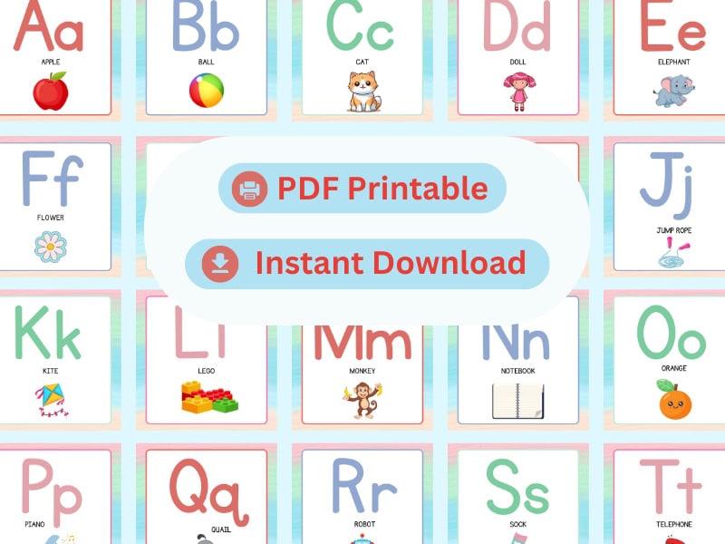 PDF printable alphabet flashcards with colorful A to Z letters and cute illustrations like apple, cat, elephant, and robot. Instant download for preschool and early learning.