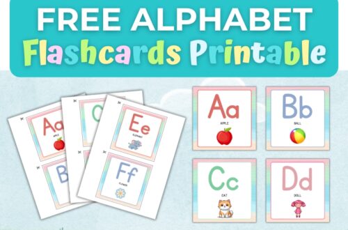 Free printable alphabet flashcards for kids featuring colorful letters A to Z with cute illustrations like apple, ball, cat, and flower. Perfect for early learning and preschool activities.
