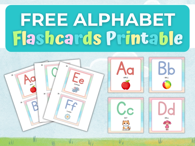 Free printable alphabet flashcards for kids featuring colorful letters A to Z with cute illustrations like apple, ball, cat, and flower. Perfect for early learning and preschool activities.
