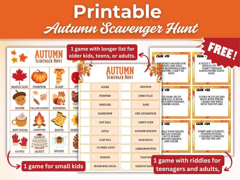 Free printable autumn scavenger hunt with 3 game versions: a picture hunt for small kids, a longer list for older kids and teens, and a riddle-based game for adults. Includes fall-themed items like acorns, pumpkins, and sweaters. PDF instant download.