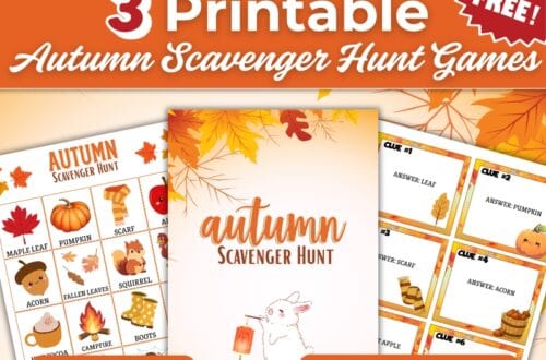 Free printable autumn scavenger hunt games for kids – includes 3 PDF activities with fall-themed clues and images like pumpkins, leaves, and acorns. Instant download available.