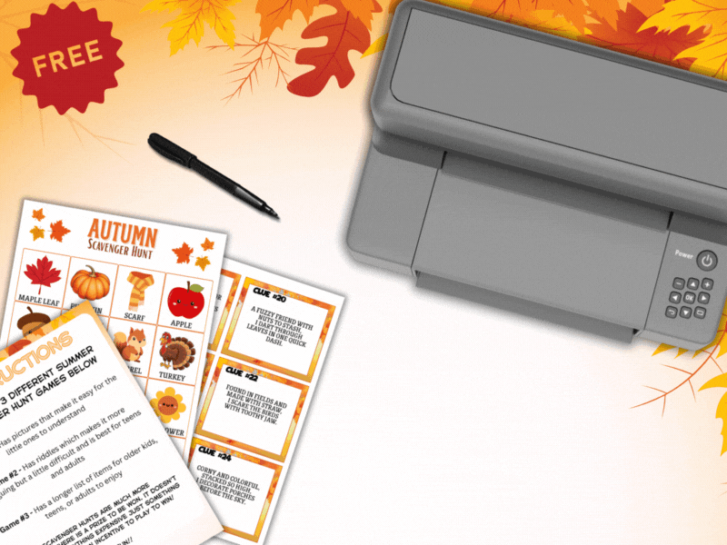 Printable autumn scavenger hunt activity sheets being printed at home, with fall-themed clues, objects, and instructions for kids. Free PDF download with fun seasonal items like pumpkins, leaves, and apples.