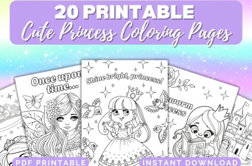 20 printable cute princess coloring pages for kids, featuring fairy tale scenes, castles, and princess characters with inspiring quotes. Fun PDF download for creative play and instant coloring activities.