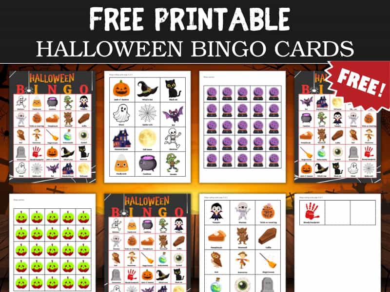 Collage-style promotional image showcasing Free Printable Halloween Bingo Cards. The display includes multiple bingo sheets featuring Halloween-themed illustrations such as pumpkins, ghosts, bats, witches, skeletons, and candy corn. Some pages show bingo markers and calling cards. The top banner reads “FREE PRINTABLE HALLOWEEN BINGO CARDS,” with a red label that says “FREE!” The background has an orange and black Halloween night theme with silhouettes of trees and fences.