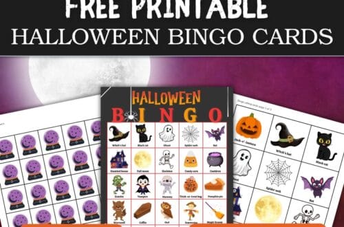 A promotional image for Free Printable Halloween Bingo Cards. The design features colorful Halloween-themed bingo boards with icons such as a black cat, ghost, spider web, haunted house, pumpkin, bat, and candy corn. The central bingo card has the title “HALLOWEEN BINGO” in orange and yellow letters with a spider graphic. The background shows a glowing full moon with a purple gradient sky. Orange labels at the bottom read “PDF PRINTABLE” and “INSTANT DOWNLOAD.