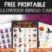 A promotional image for Free Printable Halloween Bingo Cards. The design features colorful Halloween-themed bingo boards with icons such as a black cat, ghost, spider web, haunted house, pumpkin, bat, and candy corn. The central bingo card has the title “HALLOWEEN BINGO” in orange and yellow letters with a spider graphic. The background shows a glowing full moon with a purple gradient sky. Orange labels at the bottom read “PDF PRINTABLE” and “INSTANT DOWNLOAD.