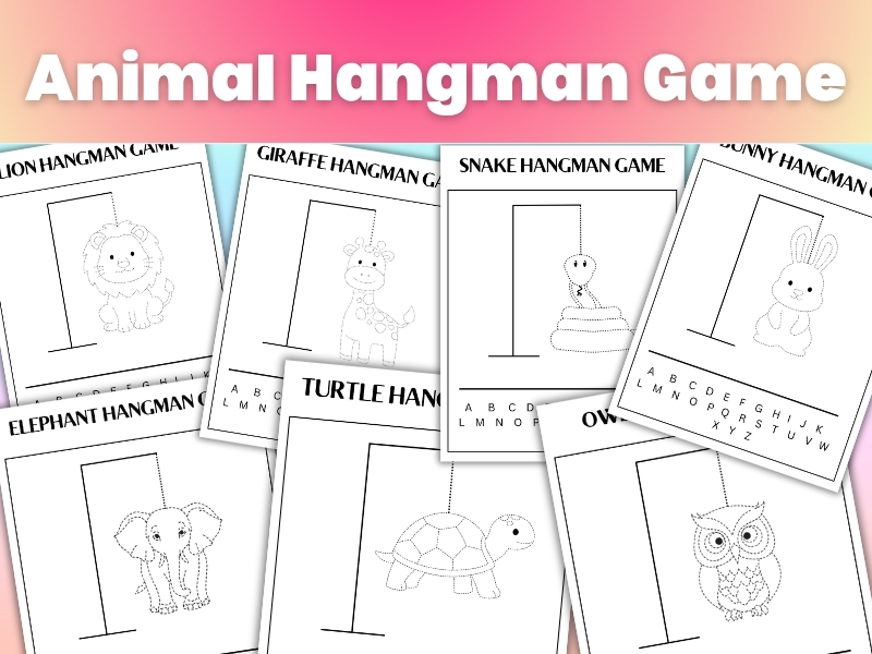 Animal Hangman Game printable set with cute black-and-white designs featuring lion, giraffe, snake, bunny, elephant, turtle, and owl worksheets for kids.