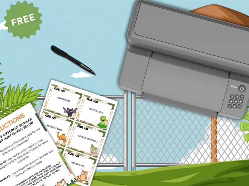 Illustration of a printer printing *Zoo Scavenger Hunt* sheets with animal names and clue cards featuring cute animals like frog, bat, camel, and butterfly. A pen and printed instruction sheet are placed nearby, with a green “FREE” label at the top left.