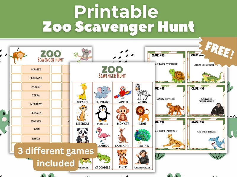 Printable Zoo Scavenger Hunt game set featuring colorful animal illustrations like giraffe, elephant, parrot, zebra, lion, and penguin. Includes clue cards, word list sheets, and matching games. Text reads “3 different games included” and “FREE!