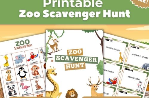 Printable Zoo Scavenger Hunt game set with colorful animal illustrations like giraffe, elephant, parrot, penguin, and monkey. Includes PDF printable and instant download labels with a “FREE!” tag.