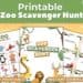 Printable Zoo Scavenger Hunt game set with colorful animal illustrations like giraffe, elephant, parrot, penguin, and monkey. Includes PDF printable and instant download labels with a “FREE!” tag.