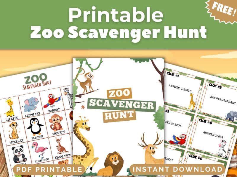 Printable Zoo Scavenger Hunt game set with colorful animal illustrations like giraffe, elephant, parrot, penguin, and monkey. Includes PDF printable and instant download labels with a “FREE!” tag.