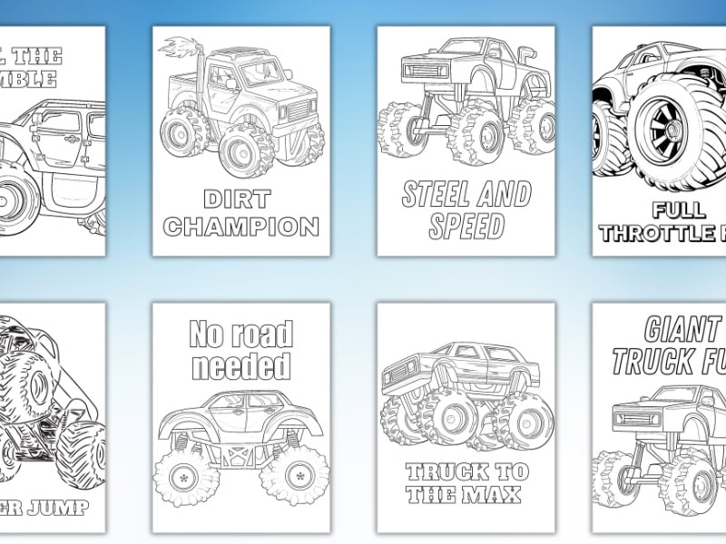 Monster truck coloring page featuring a large off-road truck with bold tires