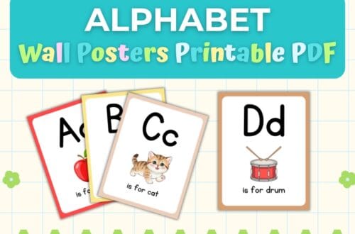 Alphabet wall posters printable PDF with colorful letters and illustrations for kids