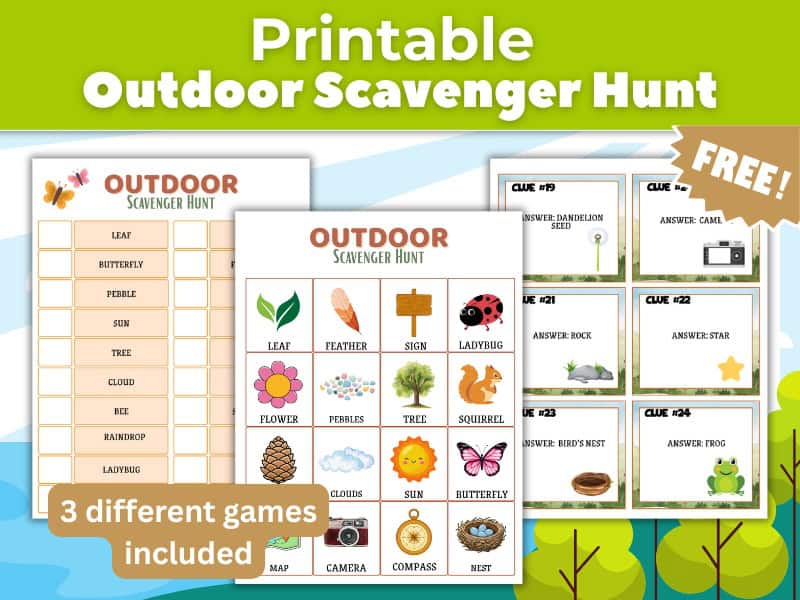 Free printable outdoor scavenger hunt for kids with illustrated nature checklist